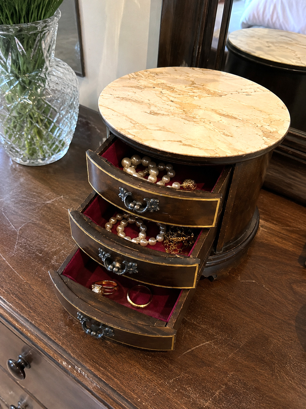 Vintage Musical Jewelry Box Round 3 Drawer Faux Marble Top Wood Works